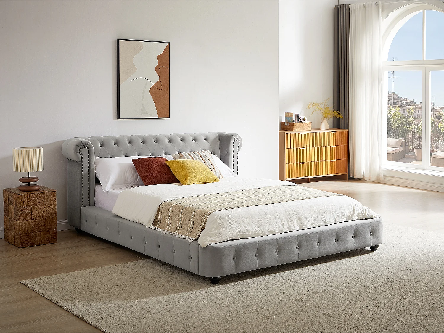 Łóżko chesterfield 180 x 200 cm - Welur - Jasnoszary - TONGERLA 1884349 - obrazek 1