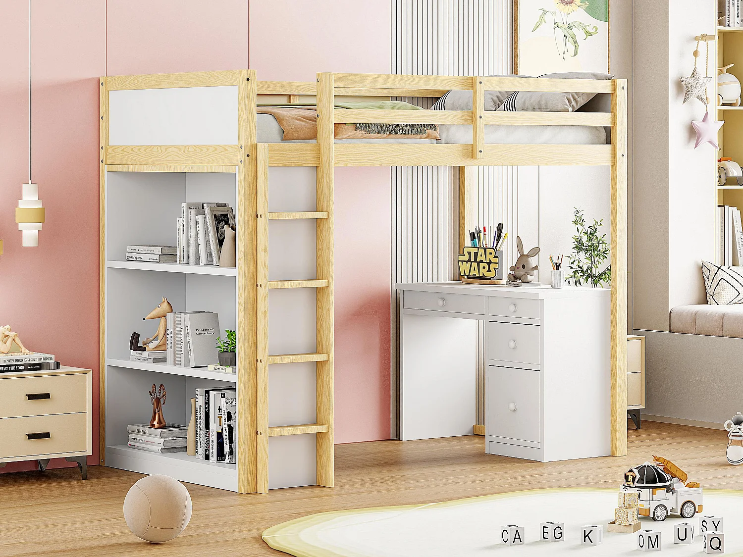 Łóżko mezzanine 90x200 cm - z meblami do przechowywania i biurkiem - z litego drewna - naturalne 3458750 - obrazek 1