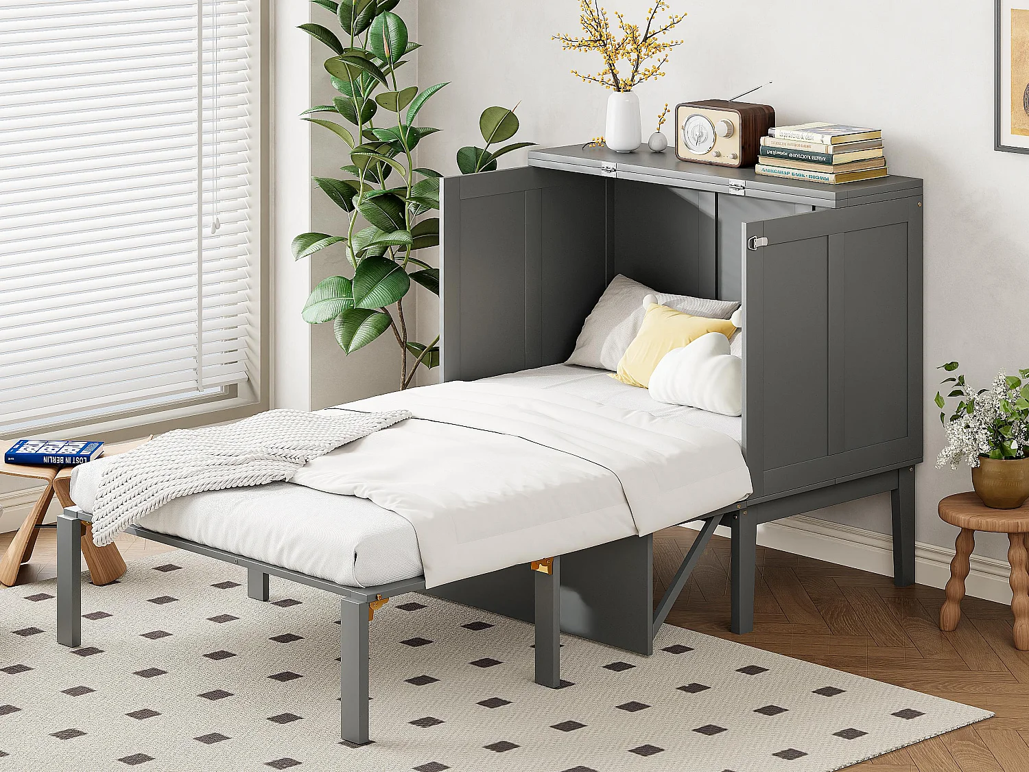 Łóżko chowane 90×200 cm z drewna – z stelażem na listwach – Szare 3458865