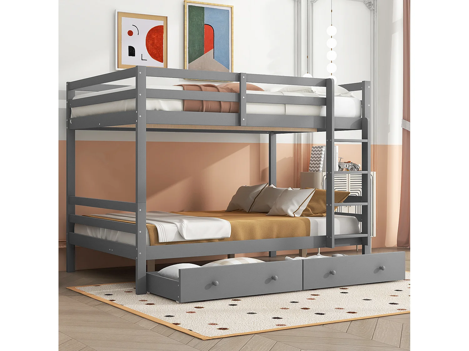 Łóżko piętrowe 140 x 200 cm z 2 dużymi szufladami – barierka i schody – drewno MDF – szare 3459955