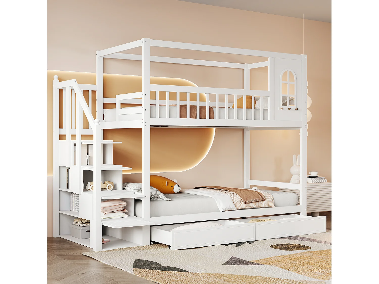 Łóżko piętrowe 2 x 90 x 200 cm z 2 szufladami, półkami i schodkami – lite drewno – białe (bez materaca) 3459968
