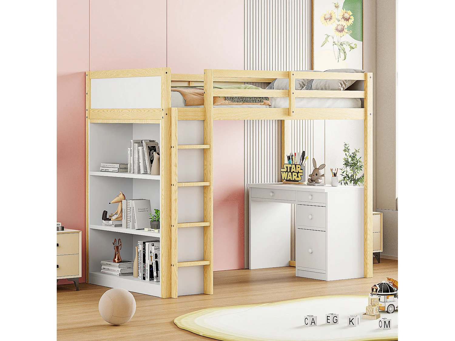Łóżko piętrowe 90 x 200 cm ze schowkiem i biurkiem komputerowym - lite drewno i płyta MDF - naturalne i białe (bez materaca) 3459981 - obrazek 1