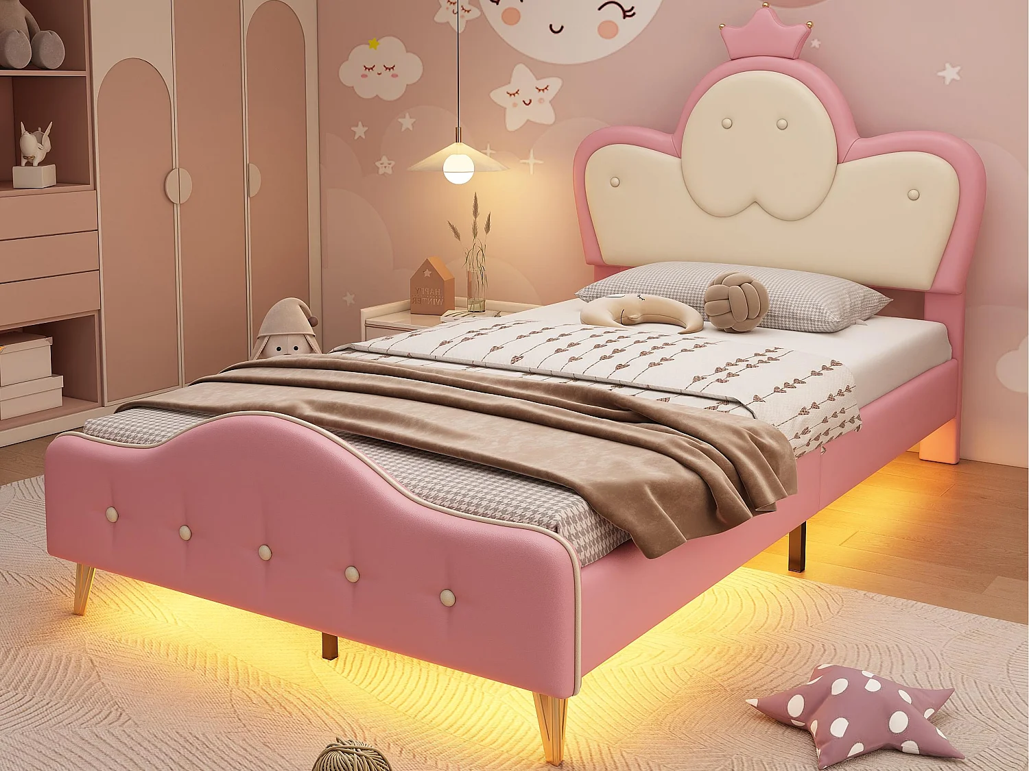 Łóżko dziecięce 90x200cm z ekoskóry - z LED - Różowe i Białe 3480714 - obrazek 1