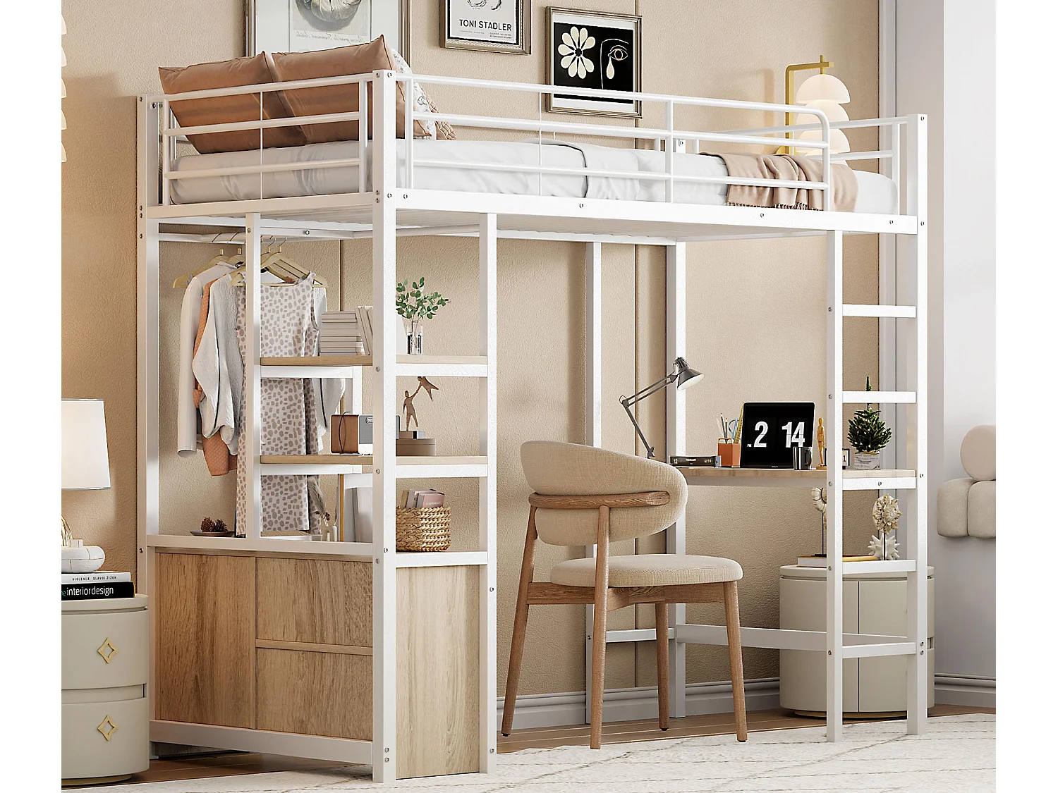 Łóżko mezzanine 90x200cm z metalu - z biurkiem + gniazdami USB + barierkami - Białe 3543403 - obrazek 1