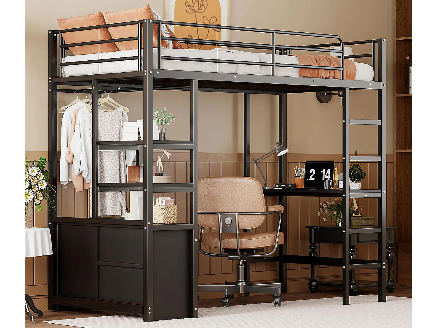 Łóżko mezzanine 90x200cm z metalu - z biurkiem + gniazdami USB + barierkami - Czarny 3543404 - obrazek 1