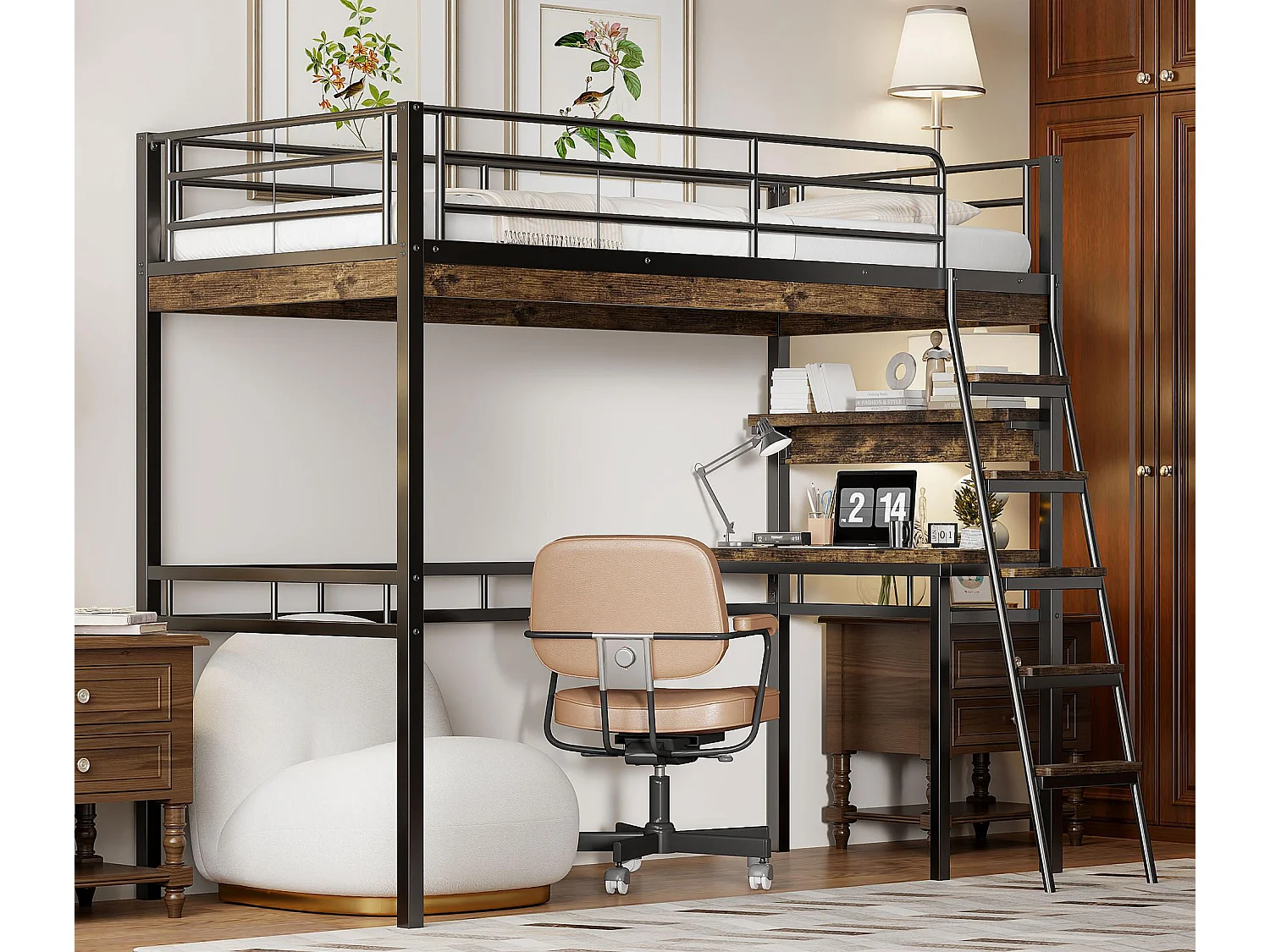 Łóżko mezzanine 90x200cm - z biurkiem + półkami + barierkami - Czarny 3544045 - obrazek 1