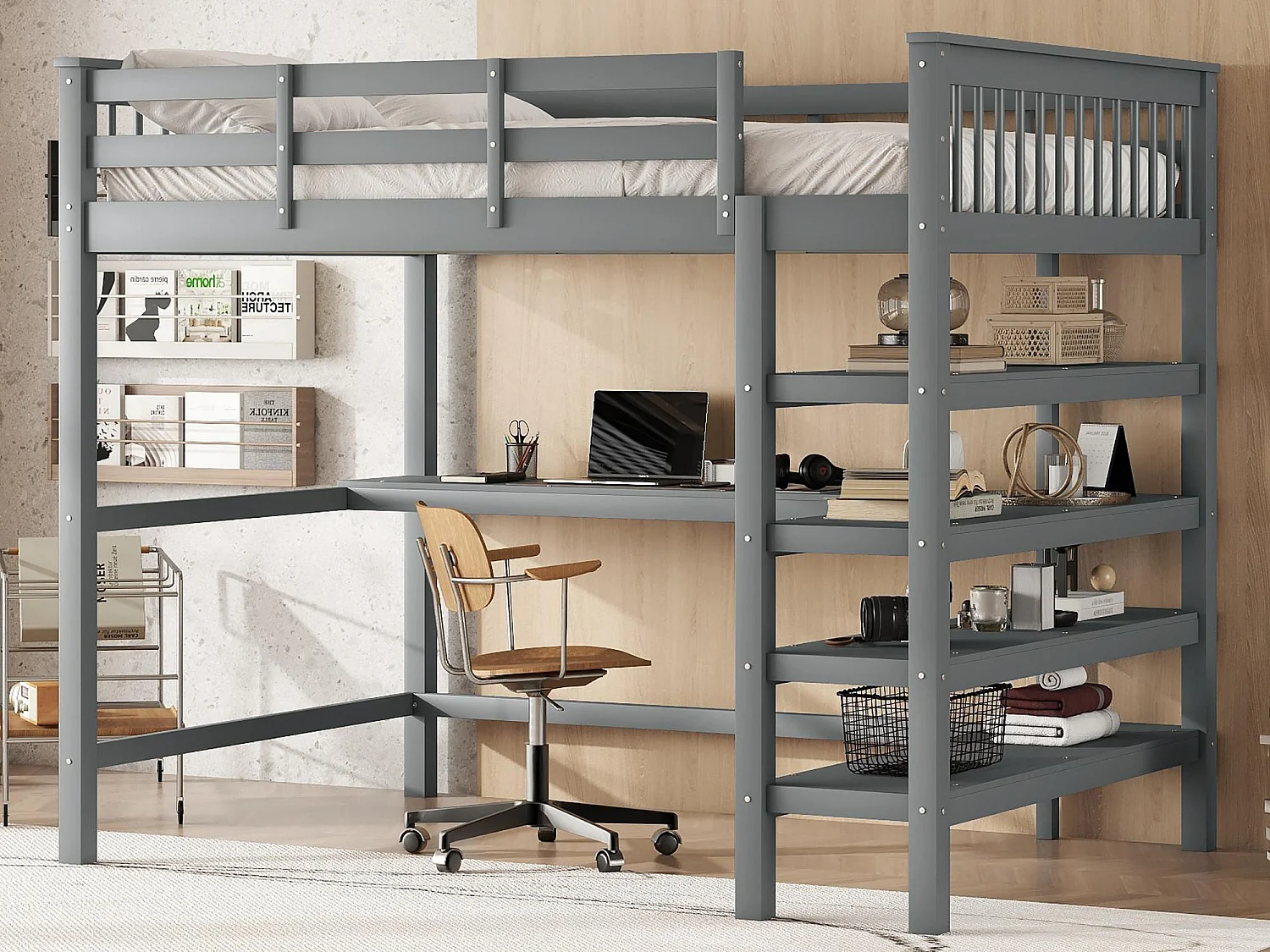 Łóżko mezzanine 140x200cm z drewna - z biurkiem i półką na przechowywanie - Szare 1402327 - obrazek 1