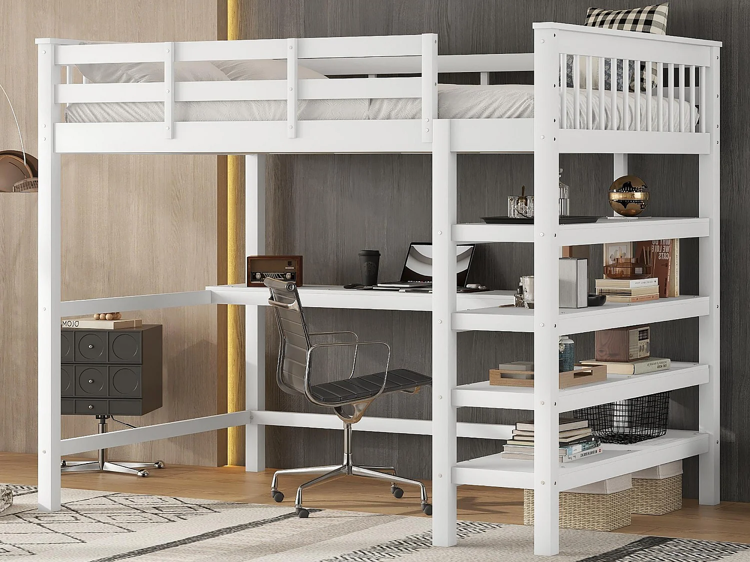 Łóżko mezzanine 140x200cm z drewna - z biurkiem i półką na przechowywanie - Białe 1402341 - obrazek 1