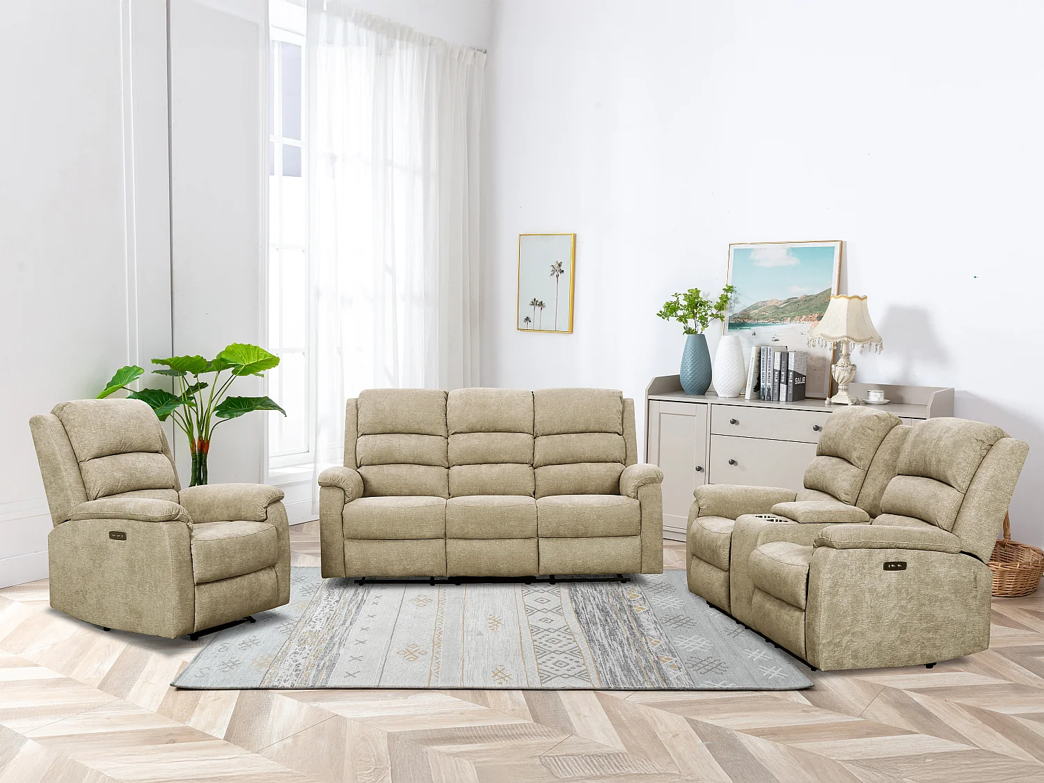 Kanapa 3+2-osobowa z elektryczną funkcją relax z tkaniny taupe z półką NEVERS 613283 - obrazek 1
