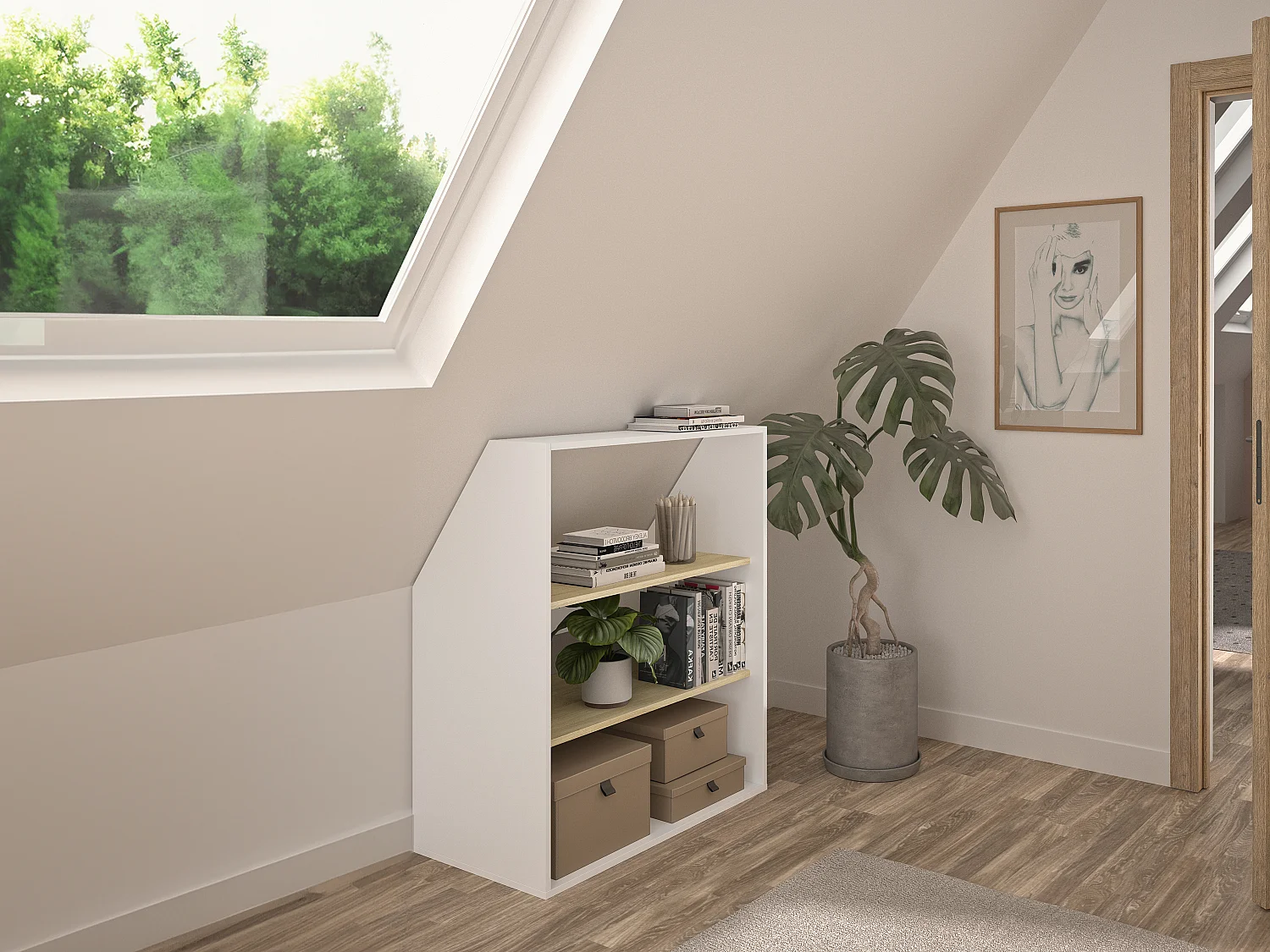 Szafka ze skosem z 2 półkami – Biały i naturalny – ADEZIO 3290648