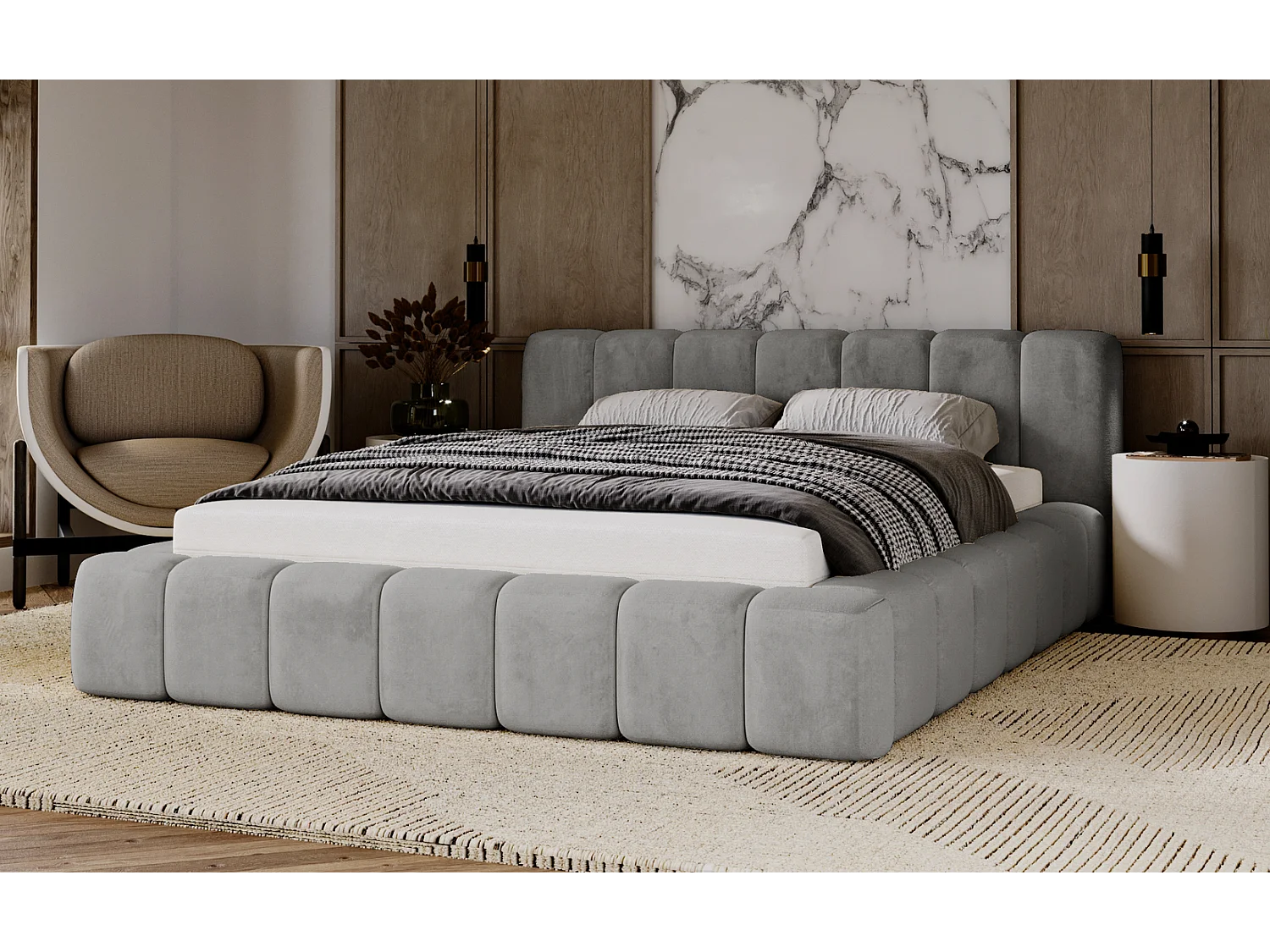 Łóżko 140x200 Bolonia z pojemnikiem, stelażem i grubą pianką, aksamitne, designerskie - szary 3580436 - obrazek 1