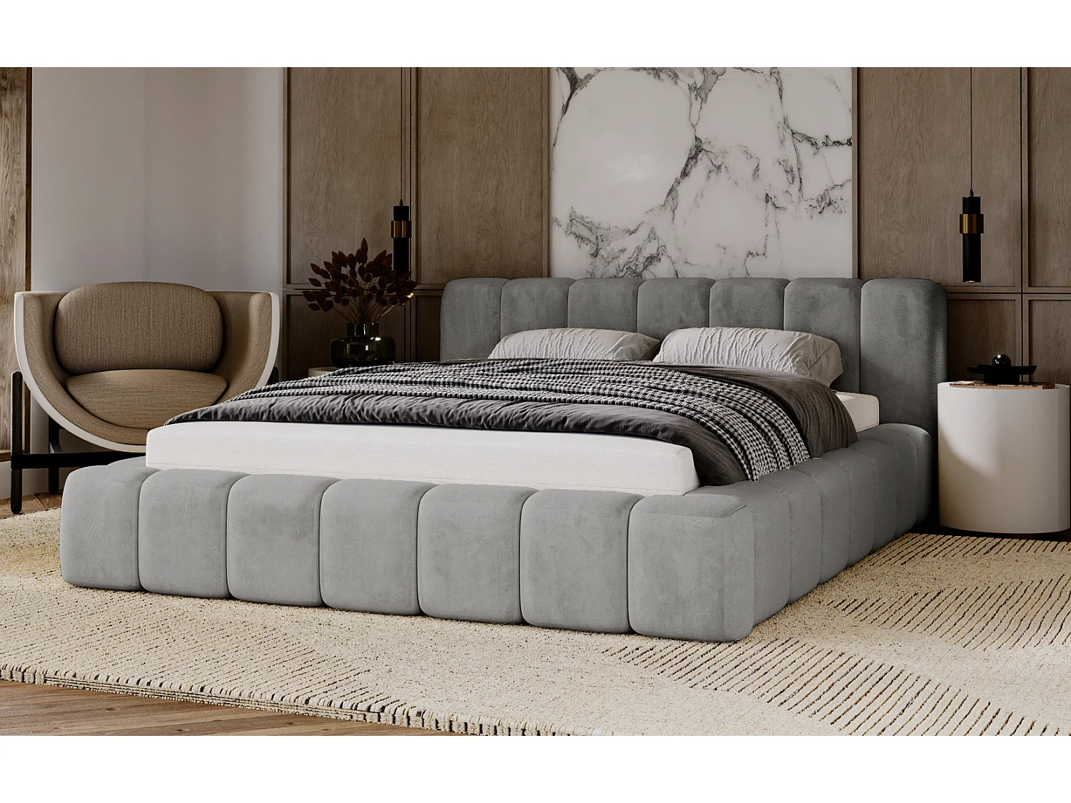 Łóżko 160x200 Bolonia z pojemnikiem, stelażem i grubą pianką, aksamitne, designerskie - szary 3580519 - obrazek 1