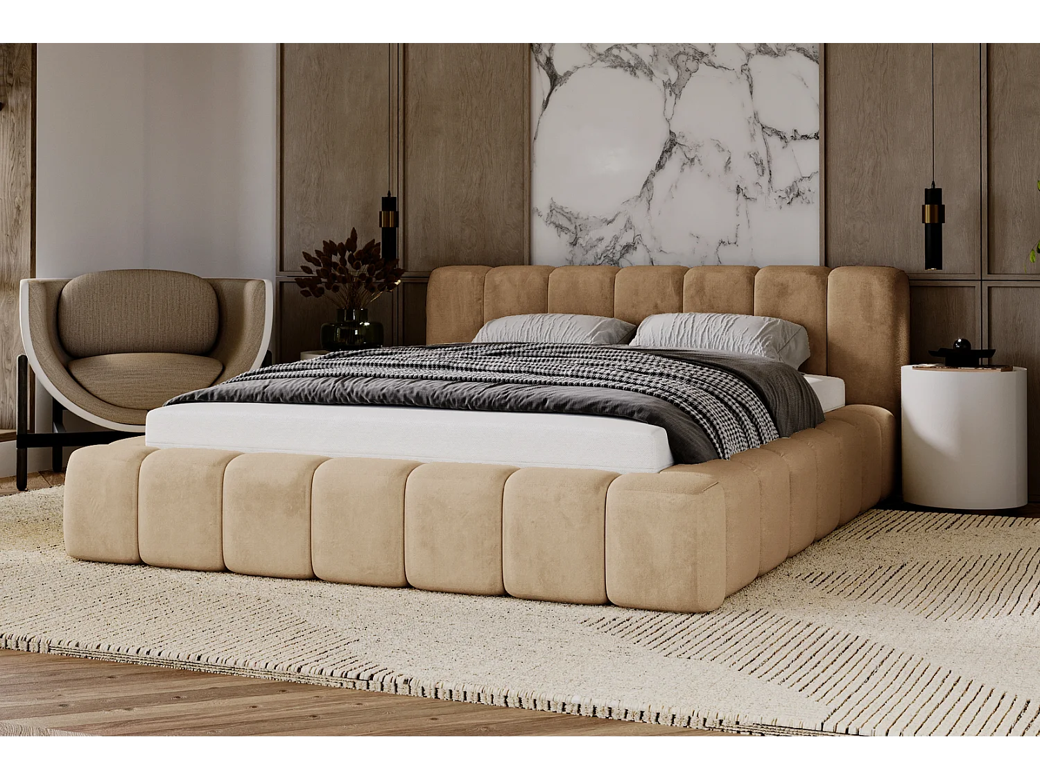 Łóżko 180x200 Bolonia z pojemnikiem, stelażem i grubą pianką, aksamitne, designerskie - beżowy 3580554 - obrazek 1