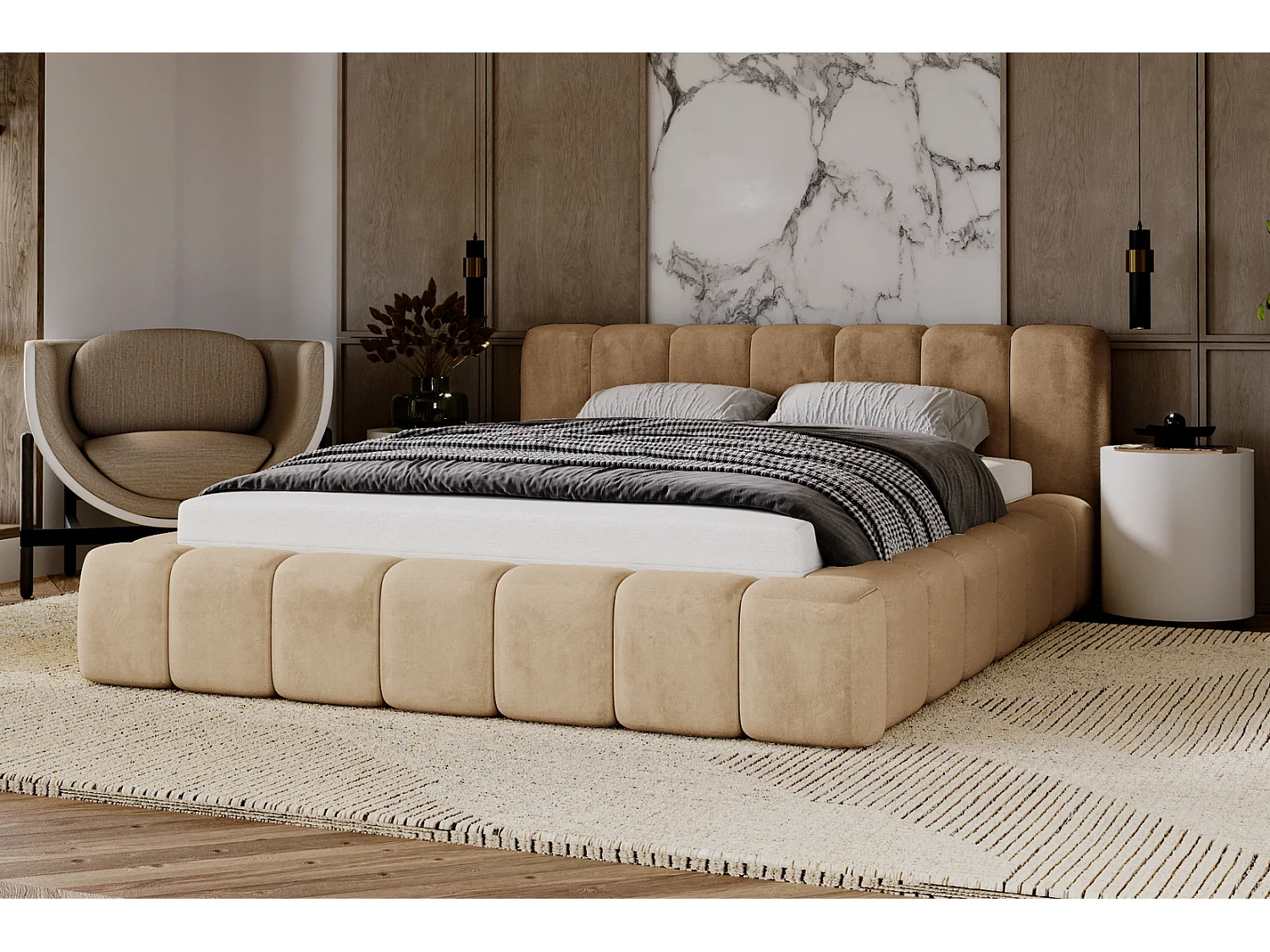 Łóżko 160x200 Bolonia z pojemnikiem, stelażem i grubą pianką, aksamitne, designerskie - beżowy 3580599 - obrazek 1