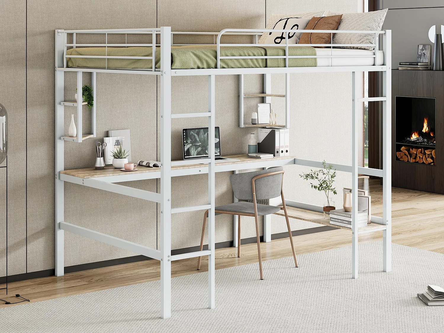 Łóżko mezzanine z żelaza - 140x200cm - z biurkiem i 5 półkami - Białe 3599755 - obrazek 1