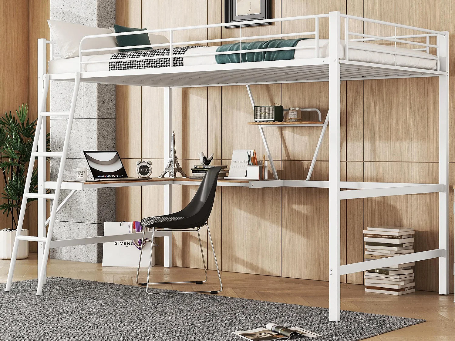 Łóżko mezzanine z metalu - 90x200cm - z biurkiem narożnym i półką - Białe 3634236 - obrazek 1