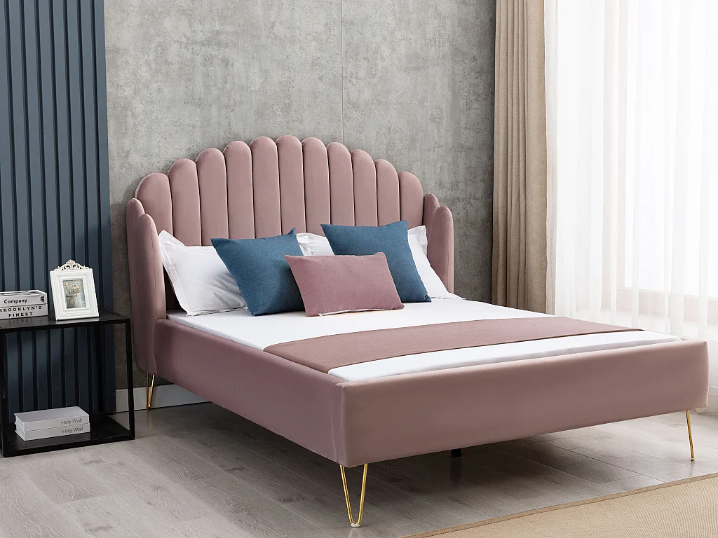 Łóżko z wypukłym zagłówkiem – 140 × 190 cm – welur – kolor pudrowy różowy – SAGALI 123615