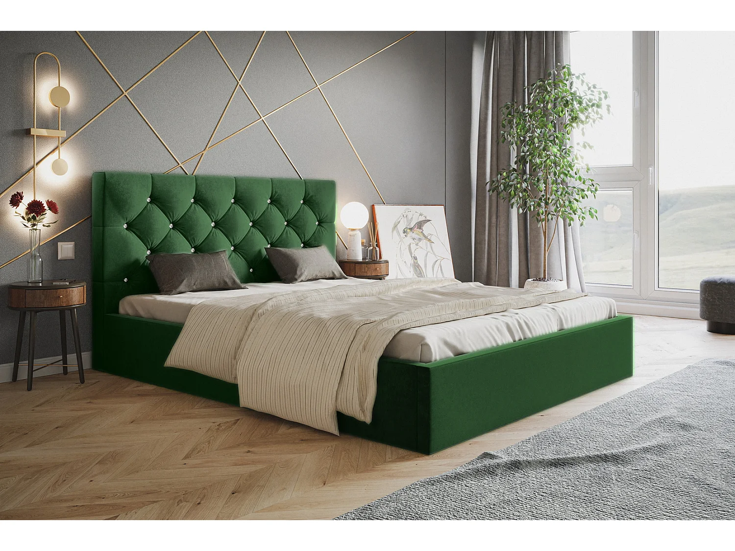 Łóżko dwuosobowe 180x200 Molly z pojemnikiem - welur, stelaż drewniany - zielony (Amor Velvet 4311) 3687460 - obrazek 1