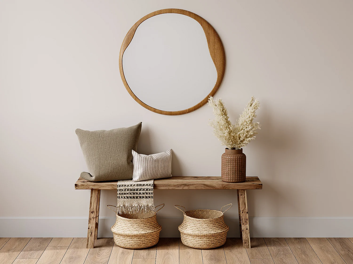Lustro okrągłe z drewna kauczukowego – śr: 60 cm – Naturalny – FUJIAN 2752925