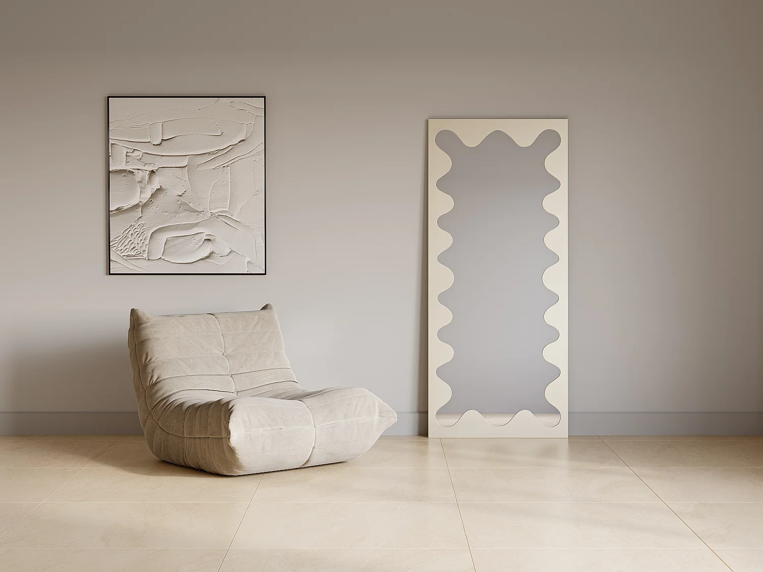 Lustro metalowe faliste dużych rozmiarów - szer. 70 x wys. 160 cm - Beżowy - GANSU 2752929 - obrazek 1