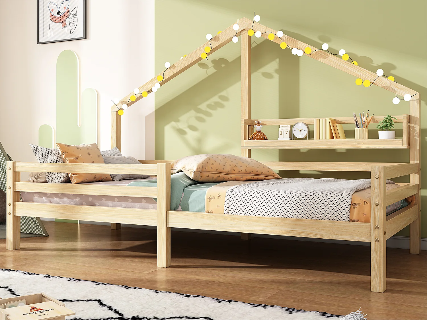 Łóżko domek 90x200cm z litego drewna – z półkami – Naturalne 3234363