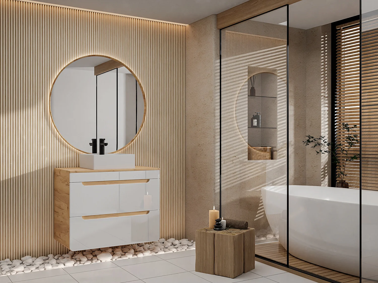 Szafka pod umywalkę podwieszana z blatem – 80 cm – Naturalny jasny i biały – ARUBA 3696948