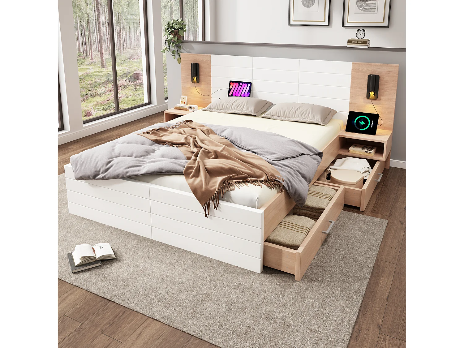 Łóżko małżeńskie drewniane 140 x 200 cm z 2 szufladami, lampką do czytania i gniazdami USB - Drewno lite + MDF - Dąb/biały 3703047 - obrazek 1