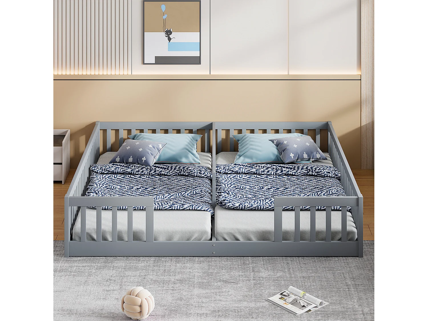 Łóżko dziecięce 2 x 90 x 200 cm z barierkami i stelażem z listew - Drewno sosnowe + MDF - Styl prosty - Szare (bez materaca) 3703066 - obrazek 1