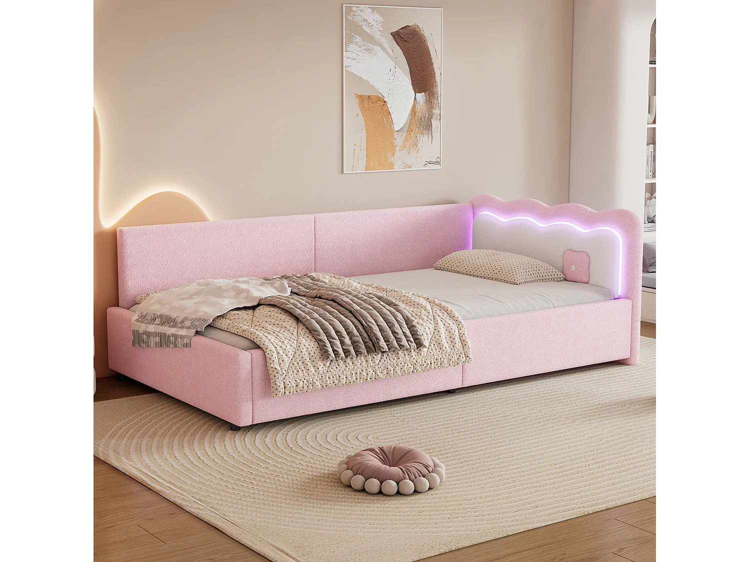Łóżko dziecięce 90 x 200 cm z zagłówkiem, Sofa z funkcją spania - LED - Aksamit - Stelaż listwowy - Różowy (bez materaca) 3703088 - obrazek 1