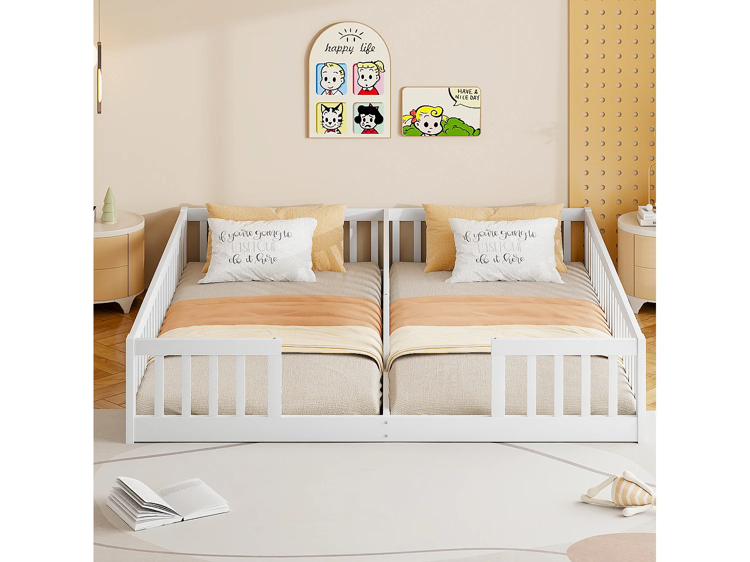 Łóżko dziecięce 2 x 90 x 200 cm z barierkami i stelażem z listew - Drewno sosnowe + MDF - Styl prosty - Białe (bez materaca) 3703108 - obrazek 1