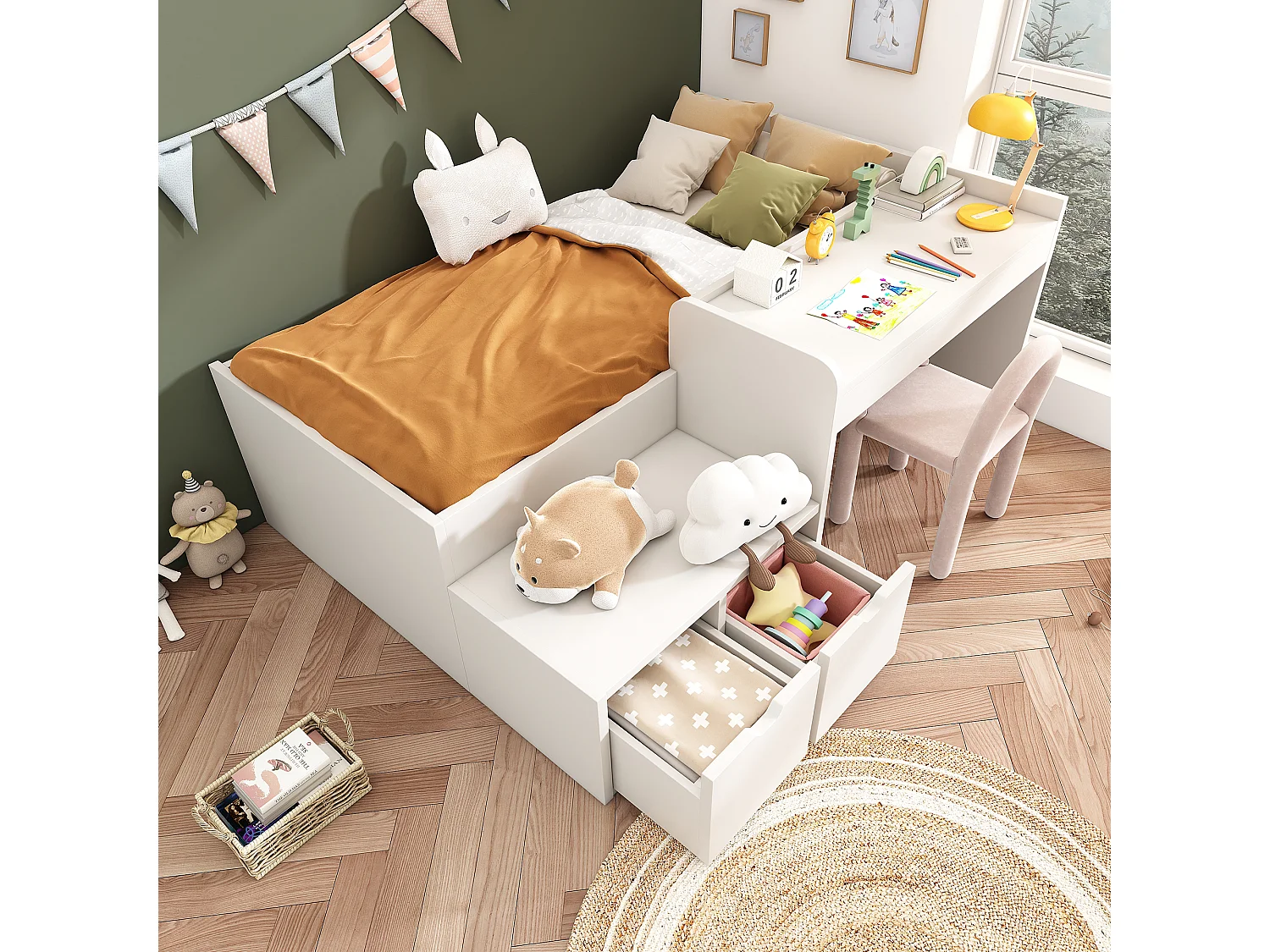 Łóżko dziecięce 90 x 200 cm z biurkiem i 2 szufladami - lite drewno - stelaż listwowy - białe (bez materaca) 3703116 - obrazek 1