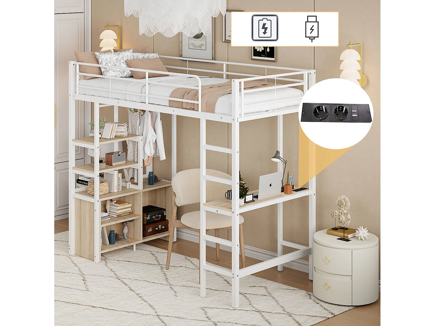Łóżko piętrowe 90 x 200 cm z biurkiem, portami USB, otwartą szafką - Metal + MDF - Białe (bez materaca) 3703221 - obrazek 1