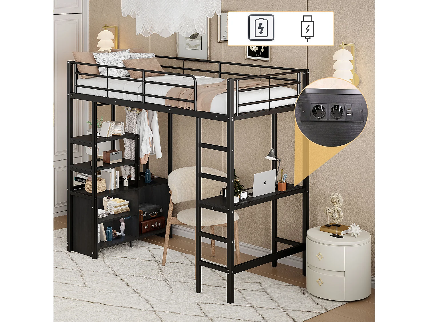 Łóżko piętrowe 90 x 200 cm z biurkiem, portami USB, otwartą szafką - Metal + MDF - Czarne (bez materaca) 3703254 - obrazek 1
