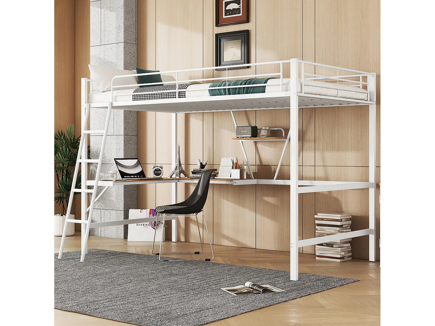 Łóżko piętrowe 90 x 200 cm z biurkiem w kształcie litery L i półką - Metal + MDF - Stelaż z listew - Naturalny (bez materaca) 3703259 - obrazek 1