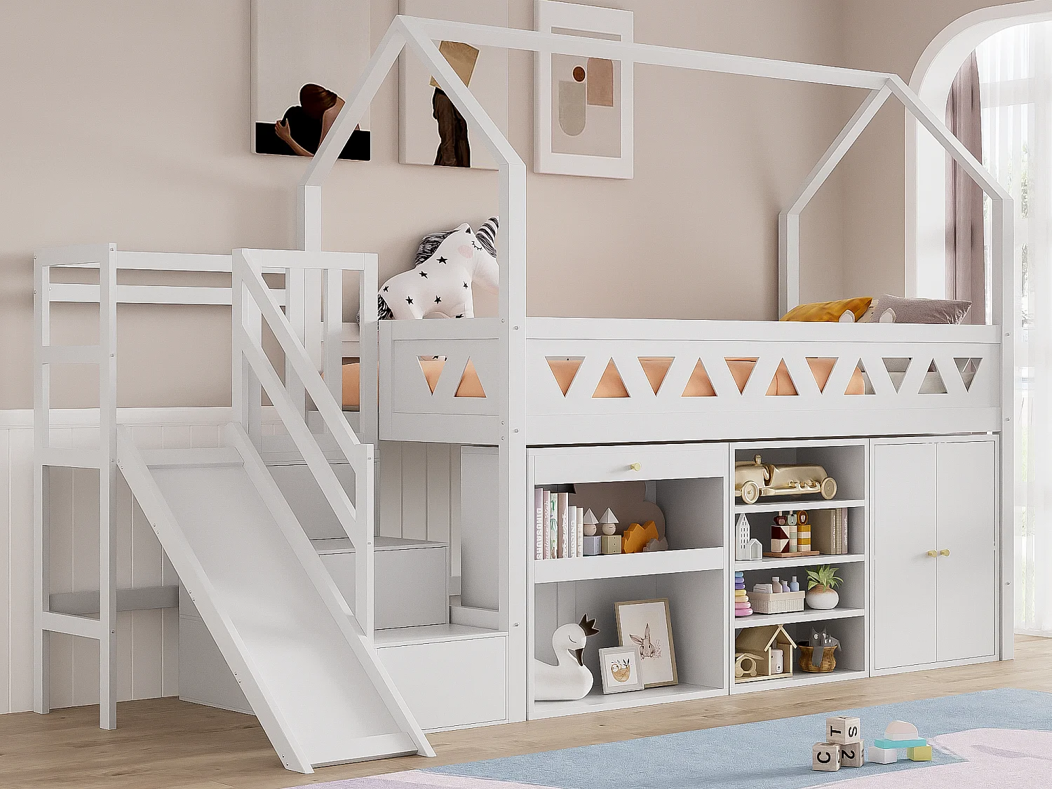 Łóżko mezzanine wielofunkcyjne z drewna i MDF - 90x200 cm - z zjeżdżalnią, schodami i szafkami - Białe (bez materaca) 3002780 - obrazek 1