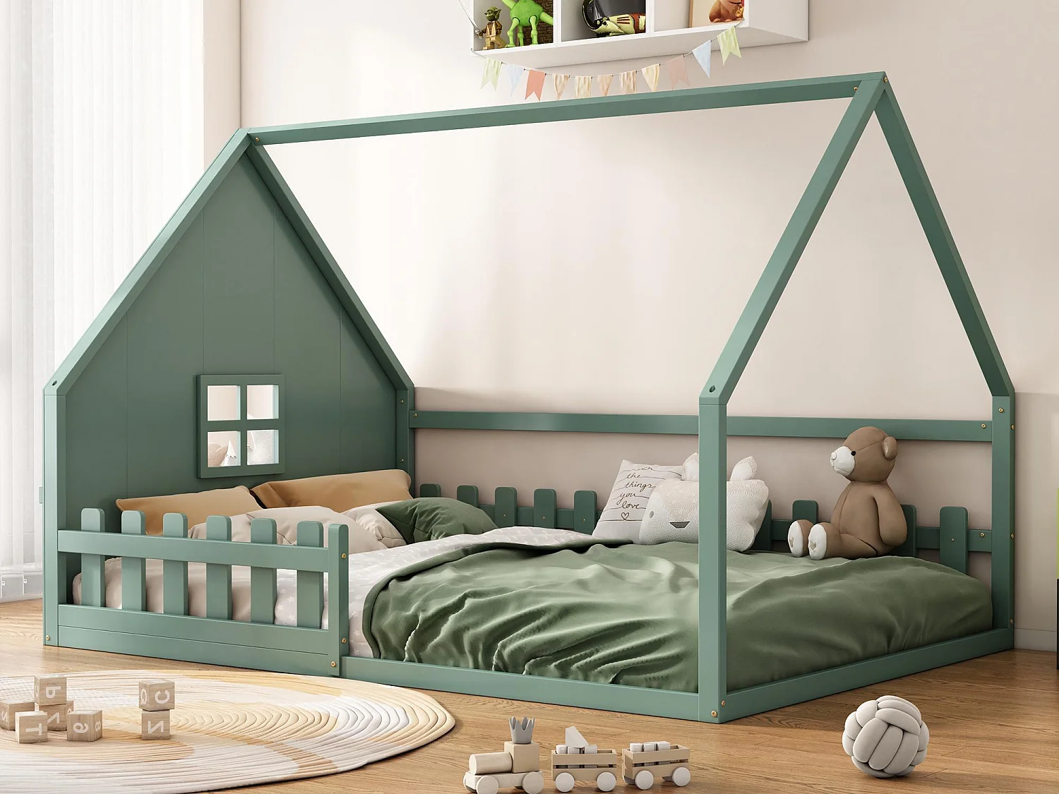 Łóżko domek dla dzieci 140×200 cm – w kształcie domu – z drewna sosnowego i MDF – Zielone 3712632