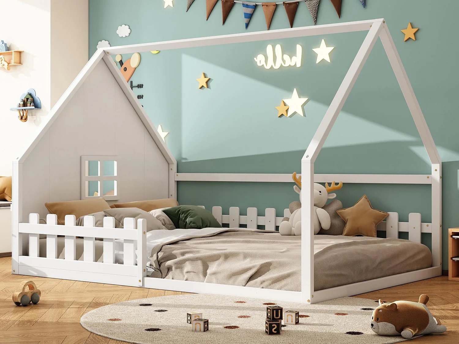 Łóżko domek dla dzieci 140×200 cm – w kształcie domu – z drewna sosnowego i MDF – Białe 3712631