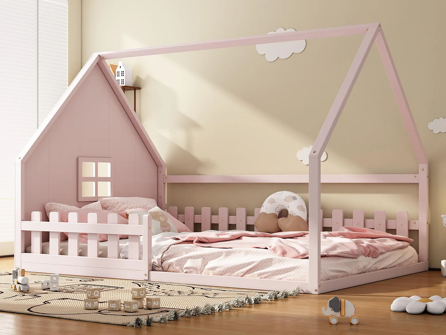 Łóżko dla dzieci 140×200 cm – w kształcie domku – z drewna sosnowego i MDF – Różowe 3712633