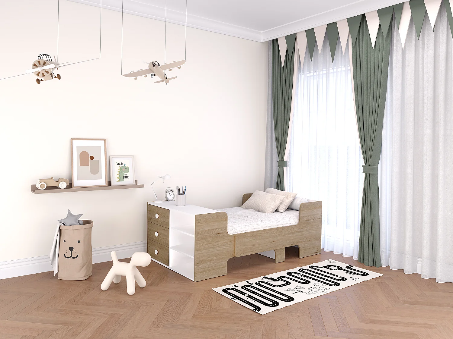 Łóżko rozsuwane 90 x 140/170/200 cm ze skrzynią i - Naturalny i biały - GAROLIO 2647917 - obrazek 1