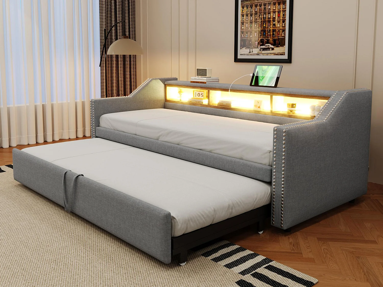 Łóżko piętrowe 90/180x190cm z lnu - z LED i USB - z stelażem na listwy - Jasnoszare 3727153 - obrazek 1
