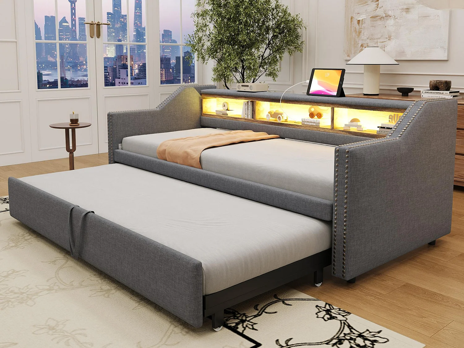Łóżko piętrowe 90/180x190cm z lnu - z LED i USB - z stelażem na listwy - Szare 3727154 - obrazek 1