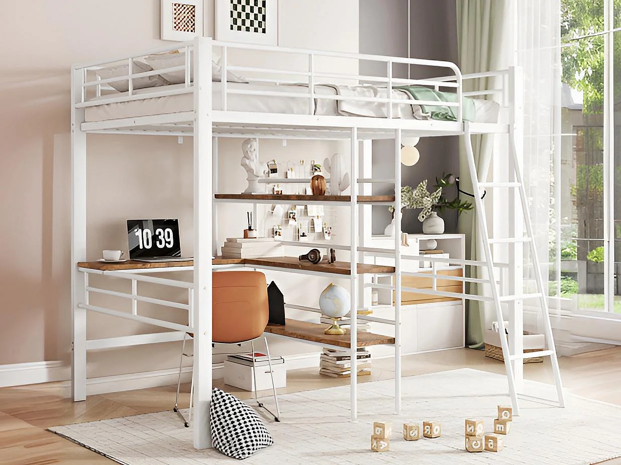 Łóżko mezzanine 90x200cm - z biurkiem i półkami na przechowywanie - Białe 3727157 - obrazek 1