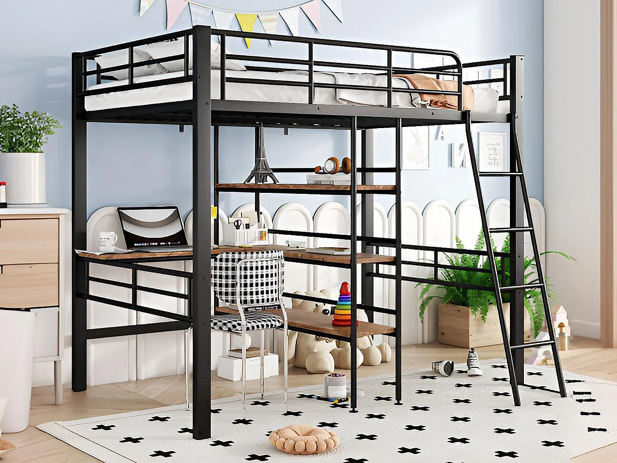 Łóżko mezzanine 90x200cm - z biurkiem i półkami na przechowywanie - Czarne 3727159 - obrazek 1