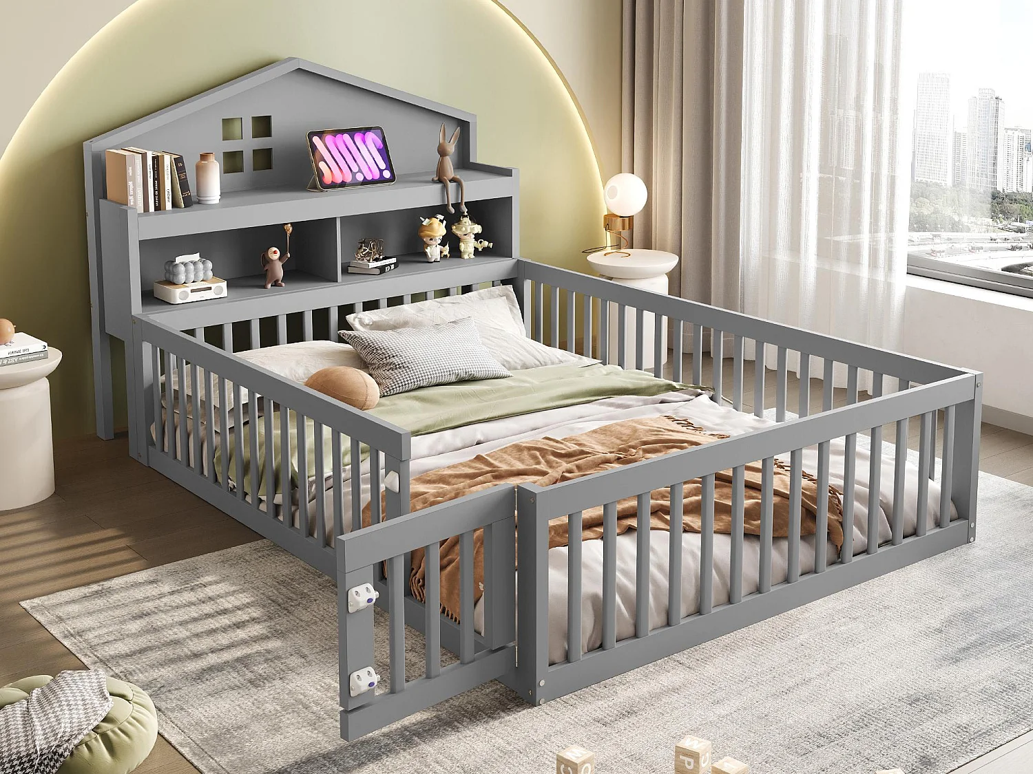 Drewniane łóżko dziecięce 140x200cm – z półkami i kratką ochronną – z podstawą z listew – Szare 3728224