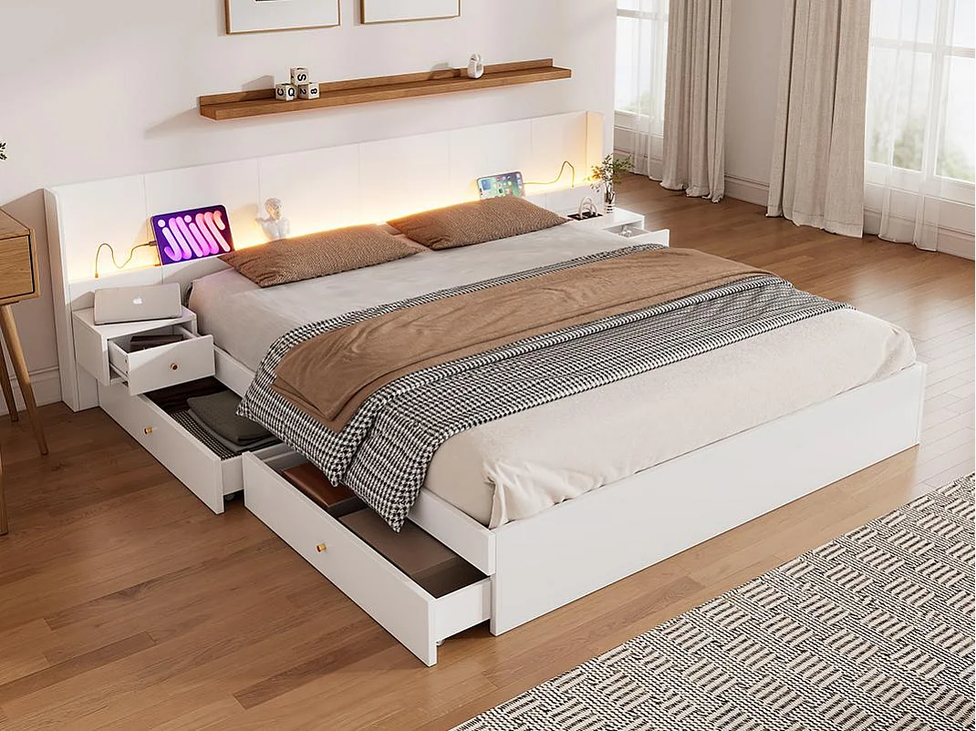 Łóżko dwuosobowe z pojemnikiem 180x200cm z drewna - z gniazdami USB i LED - 2 stoliki nocne i 2 szuflady - Białe 3739939 - obrazek 1