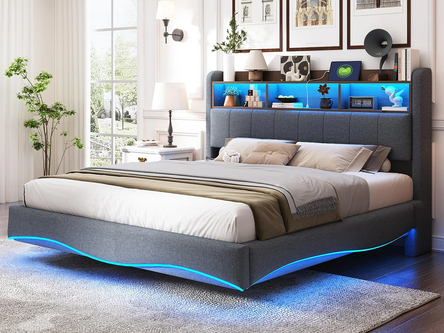 Łóżko dwuosobowe 160x200cm z tkaniny lnianej - wezgłowie z miejscem do przechowywania z LED i gniazdkami - Szare 3748883 - obrazek 1