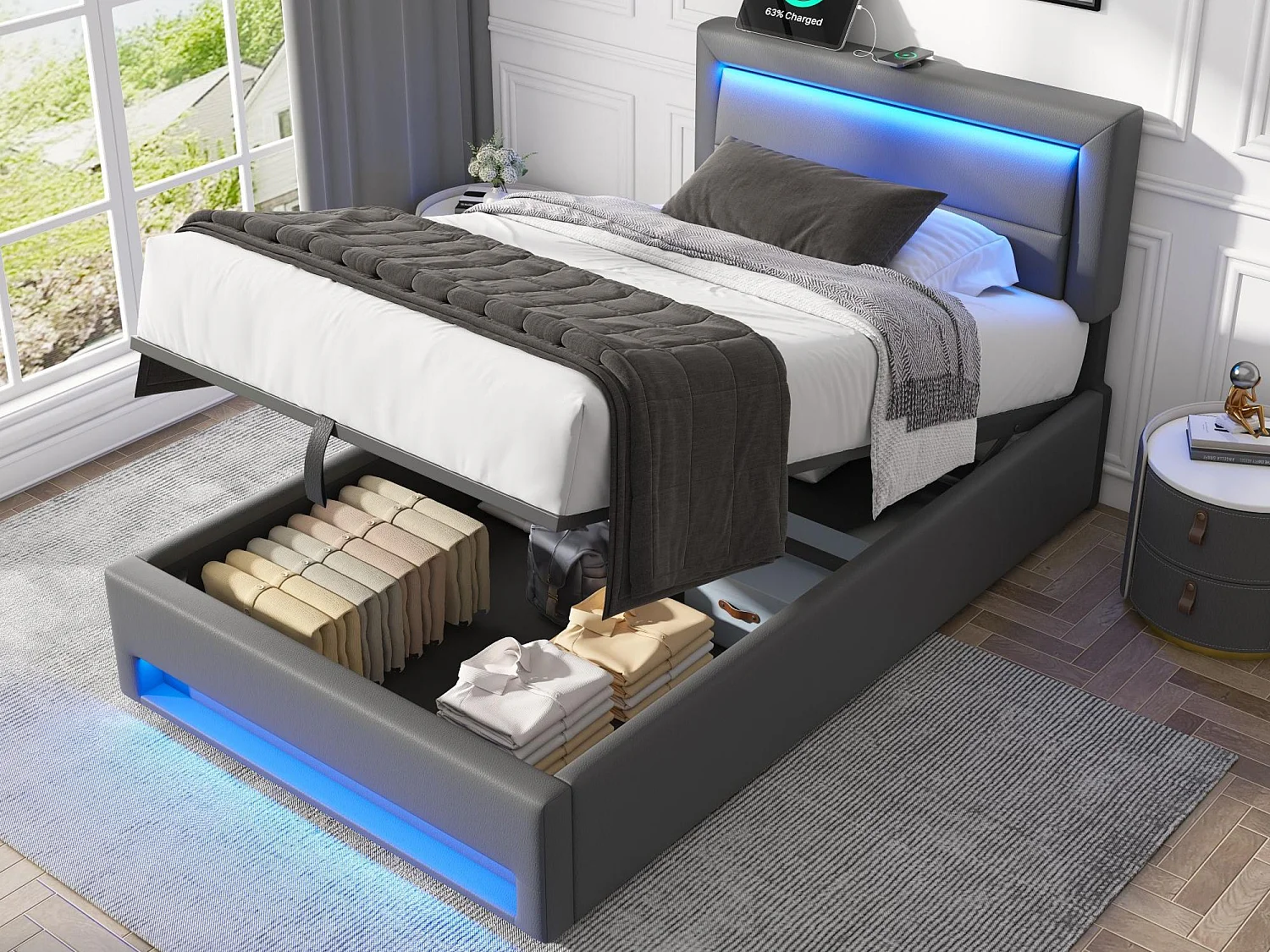 Łóżko o wymiarach 90×190 cm z ekoskóry z LED – z portami ładowania (przewodowymi i bezprzewodowymi) – Szare 3749480