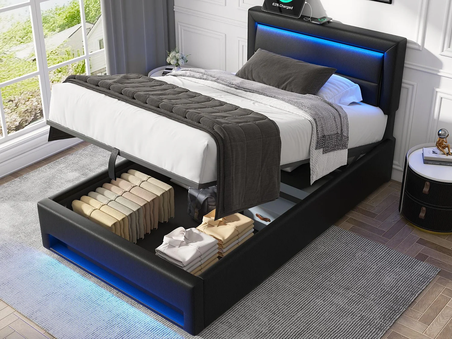 Łóżko o wymiarach 90×190 cm z ekoskóry z LED – z portami do ładowania (przewodowymi i bezprzewodowymi) – Czarne 3749481