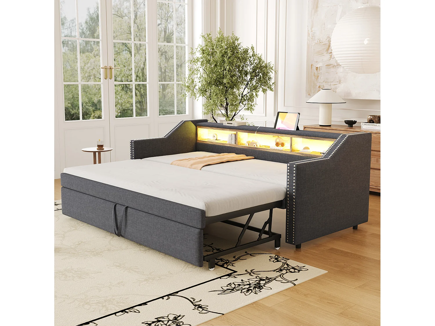 Łóżko dziecięce wysuwane 90/180 x 190 cm - Tkanina lniana - Diody LED i port USB - ciemnoszary 3754777 - obrazek 1