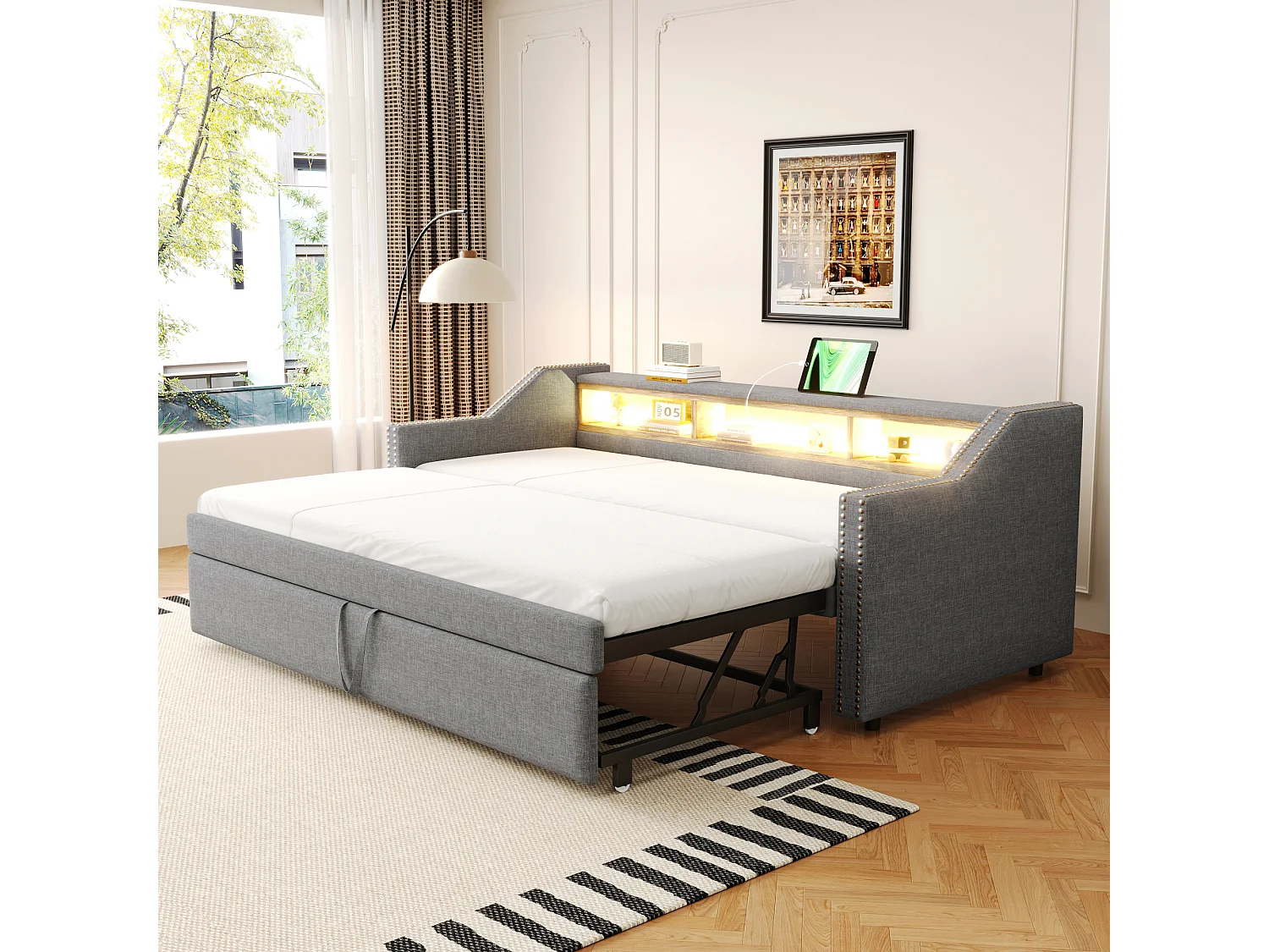 Łóżko dziecięce wysuwane 90/180 x 190 cm - Tkanina lniana - Diody LED i port USB - Szare 3754778 - obrazek 1